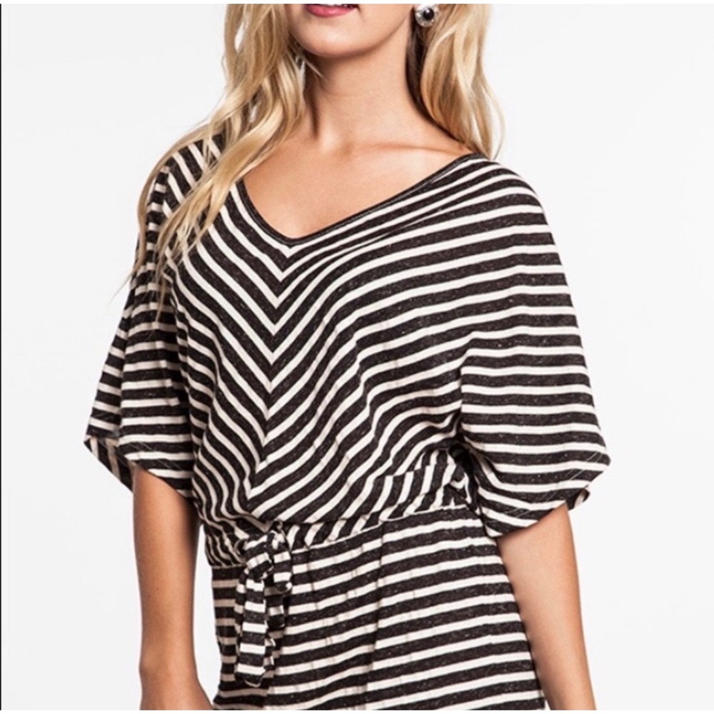 Umgee Striped Mini Dress or Tunic L Dolman Sleeve Drawstring Nautical Coastal